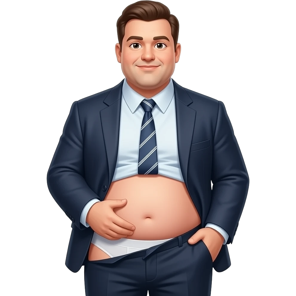 A man in suit with a tie but very fat showing its stomace and as pants underwear (white emoji
