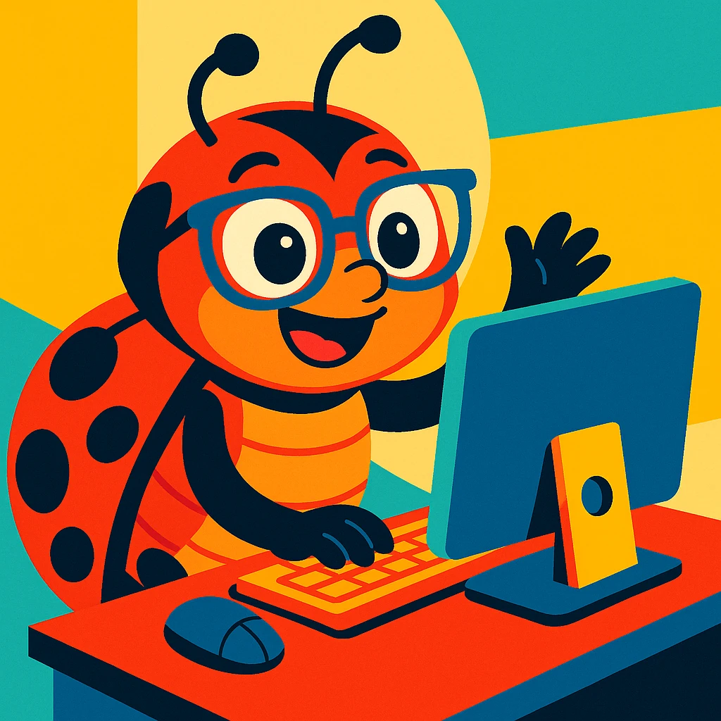 a nerdy ladybug using a computer, fun and expressive style, vibrant toon, colorful, playful, cheerful emoji