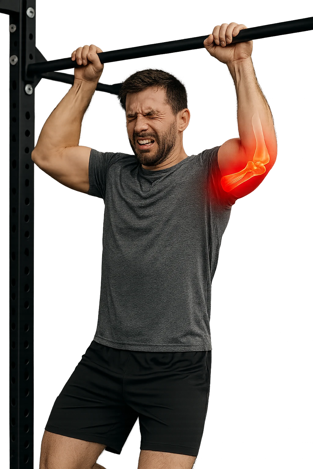 a man in gym attire is performing a pull-up on a bar when his face suddenly contorts in pain. His elbow is highlighted with a bright red glow, and a semi-transparent overlay reveals a visible tear or injury in the joint structures (such as ligaments or tendons). The background is a modern gym, with anatomical posters and equipment. emoji