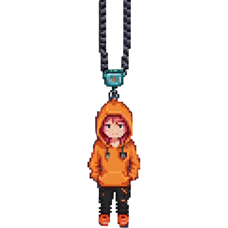 person with bacon hair, very small head, orange hoodie, black trousers, orange shoes, gamer chain around head, pixel art style emoji