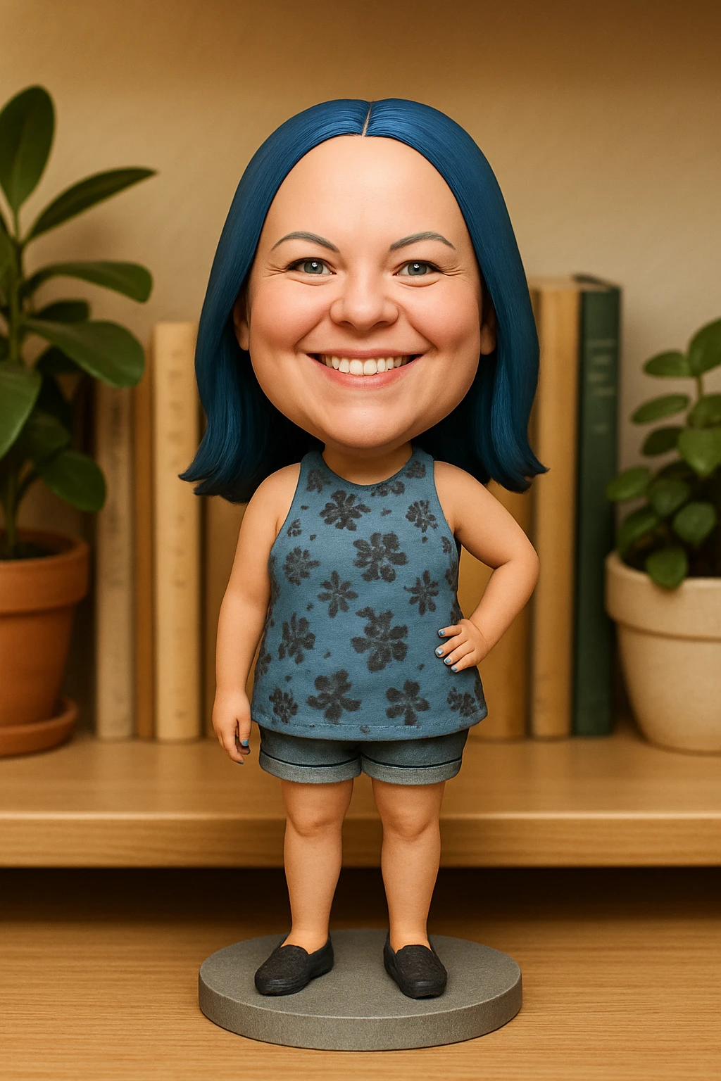 Woman with dark blue hair and blue fingernails standing on a sidewalk emoji