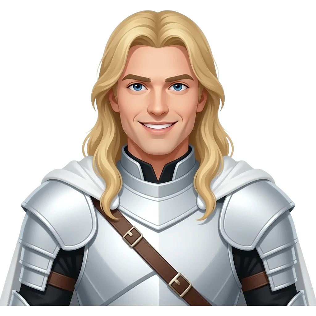 A white man with long golden hair in a middle part. He is wearing white armour with a white cape. He is clean shaven and has a smile that cuts like a knife. emoji