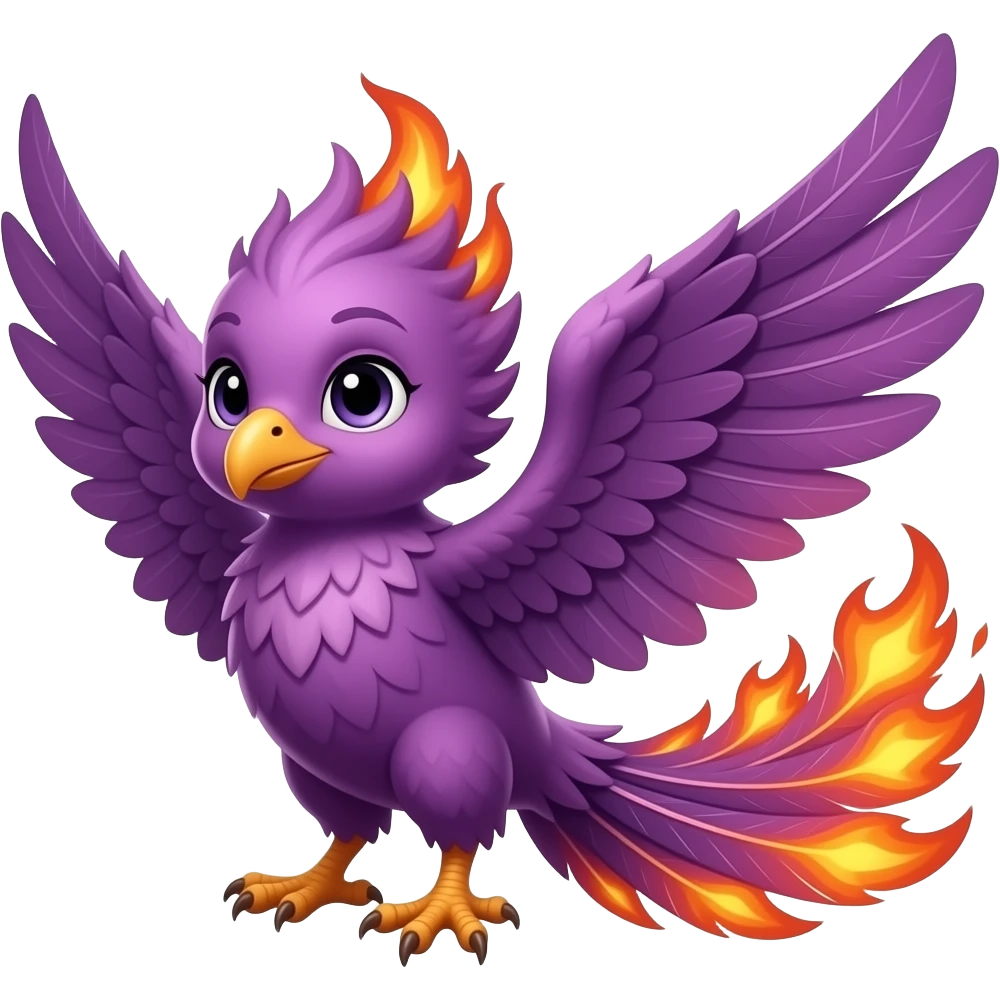 Baby purple phoenix with fire looking tail feathers emoji