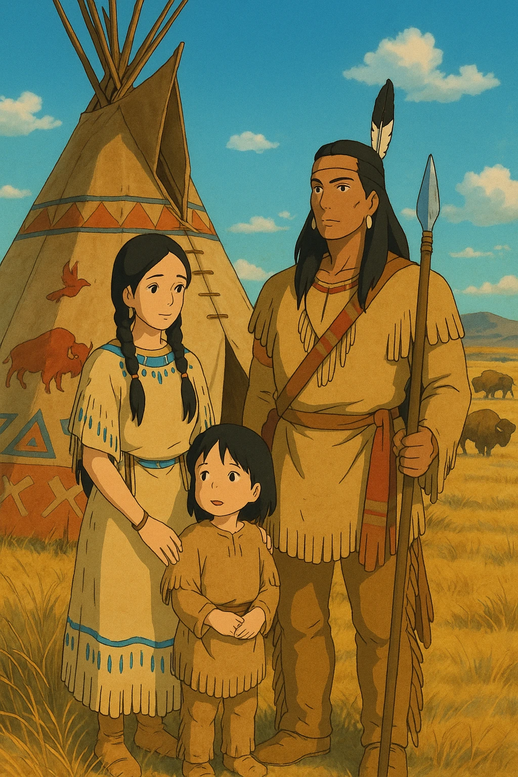 A native American family including a mother and young child, with a father who is a warrior. They are standing near a tepee decorated in native american symbols, there are buffalo in the distance. They are on the dry grasslands of the great plains in the 1840s emoji