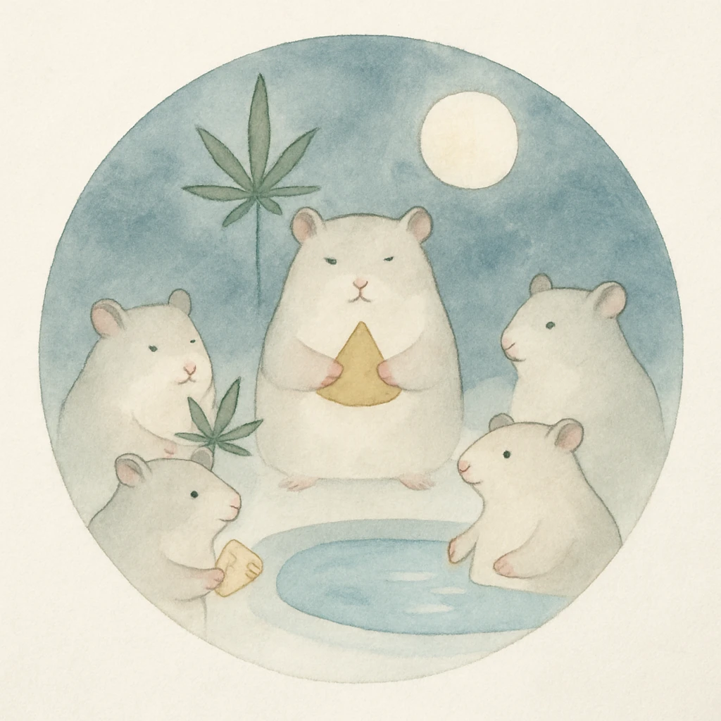 Discord server icon, circular, centered composition of a hamster cult weed and cheese pool party at night, magical and soft, watercolor style emoji
