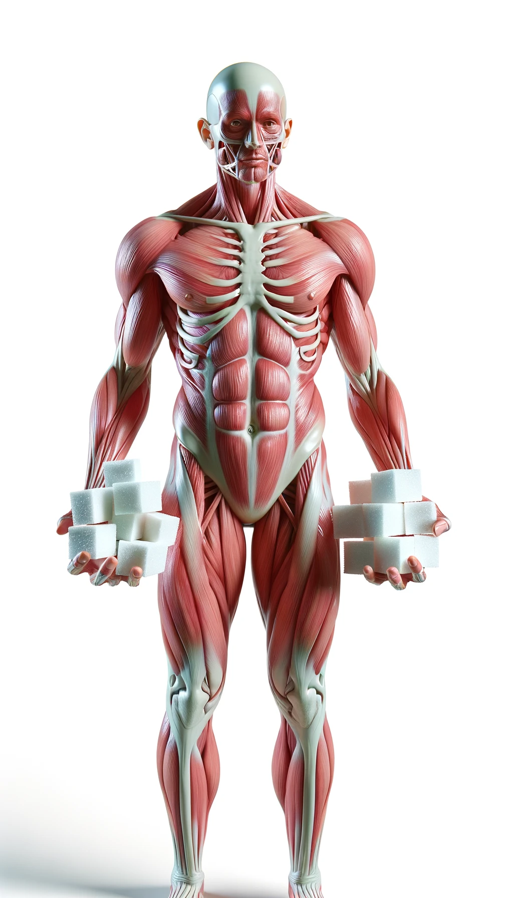 corpo umano anatomico in piedi a figura intera che mangia zollette di zucchero, posa frontale, iperrealistico 4k, isolato su sfondo bianco emoji