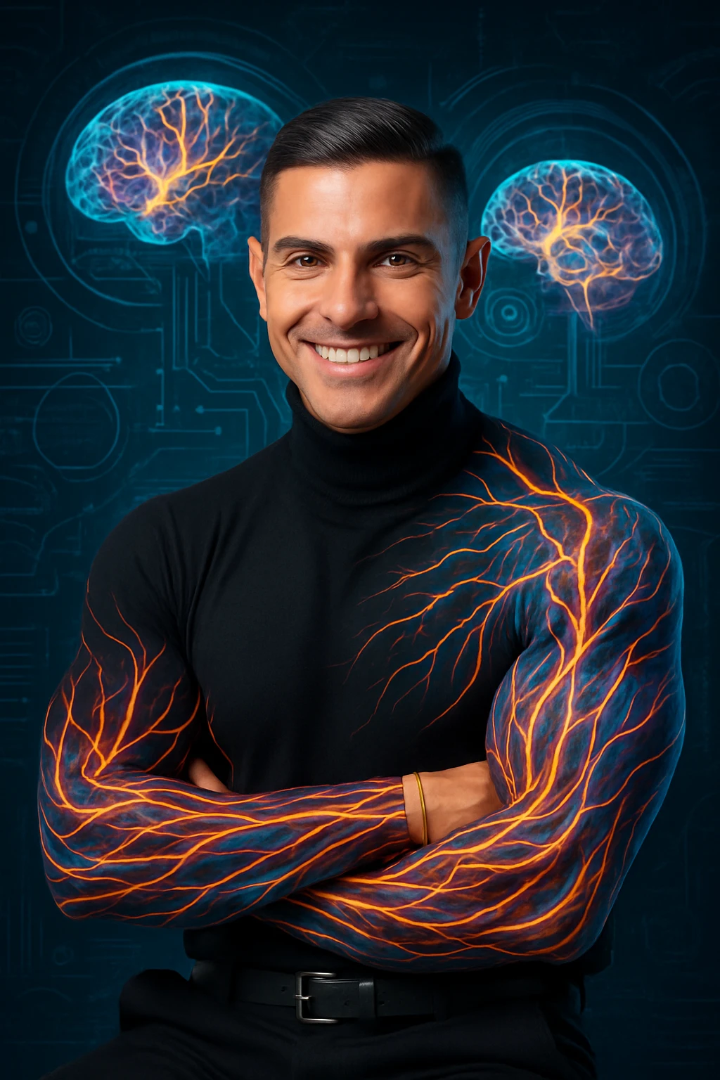 "Neuroscientist using advanced visualization to reprogram muscle development pathways, brain scans showing neural networks firing to stimulate muscle growth, expression of scientific breakthrough, his body responding to optimized mental training protocols, muscle memory being created without physical movement, consciousness hacking biological systems for muscle development" emoji