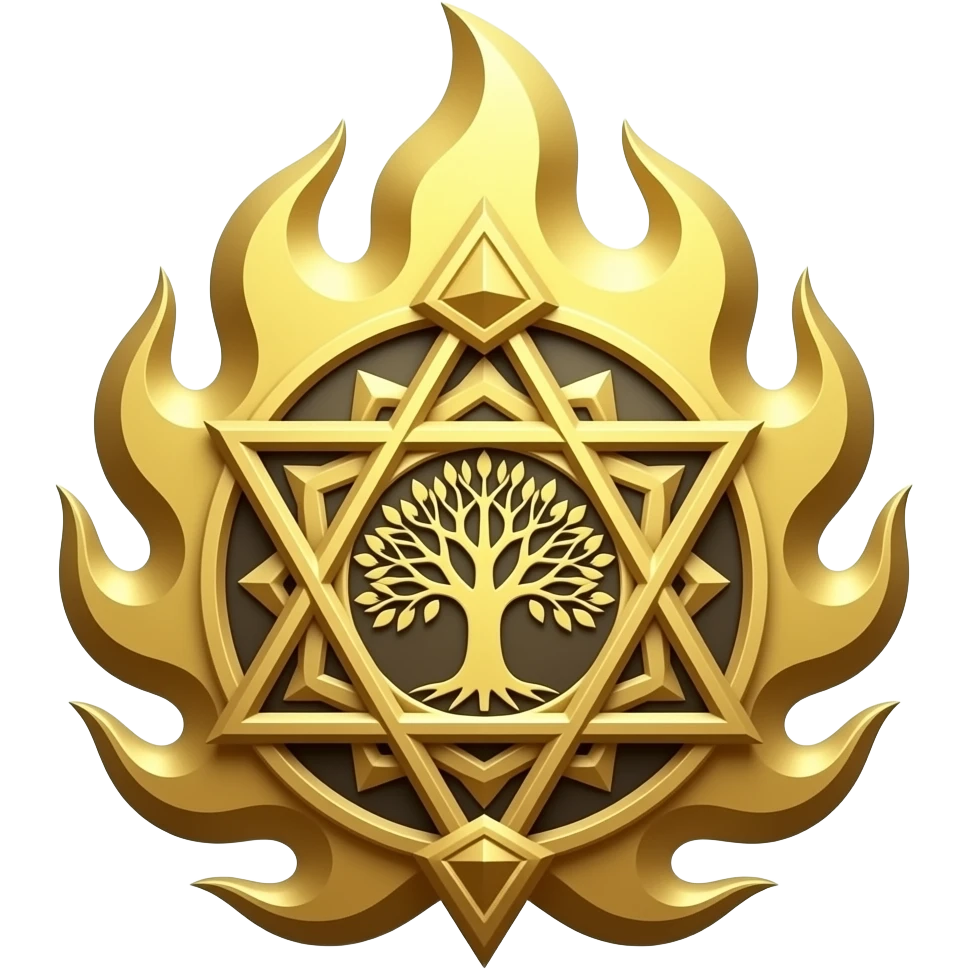 emblem with Sacred Geometry with tree of life and fire emoji