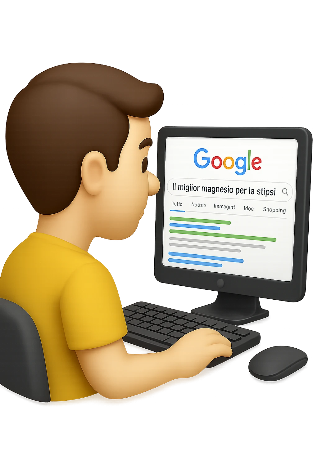emoji stile iphone di un uomo davanti al pc che cerca di google: "Il miglior magnesio per la stipsi", iperrealistico 4k emoji
