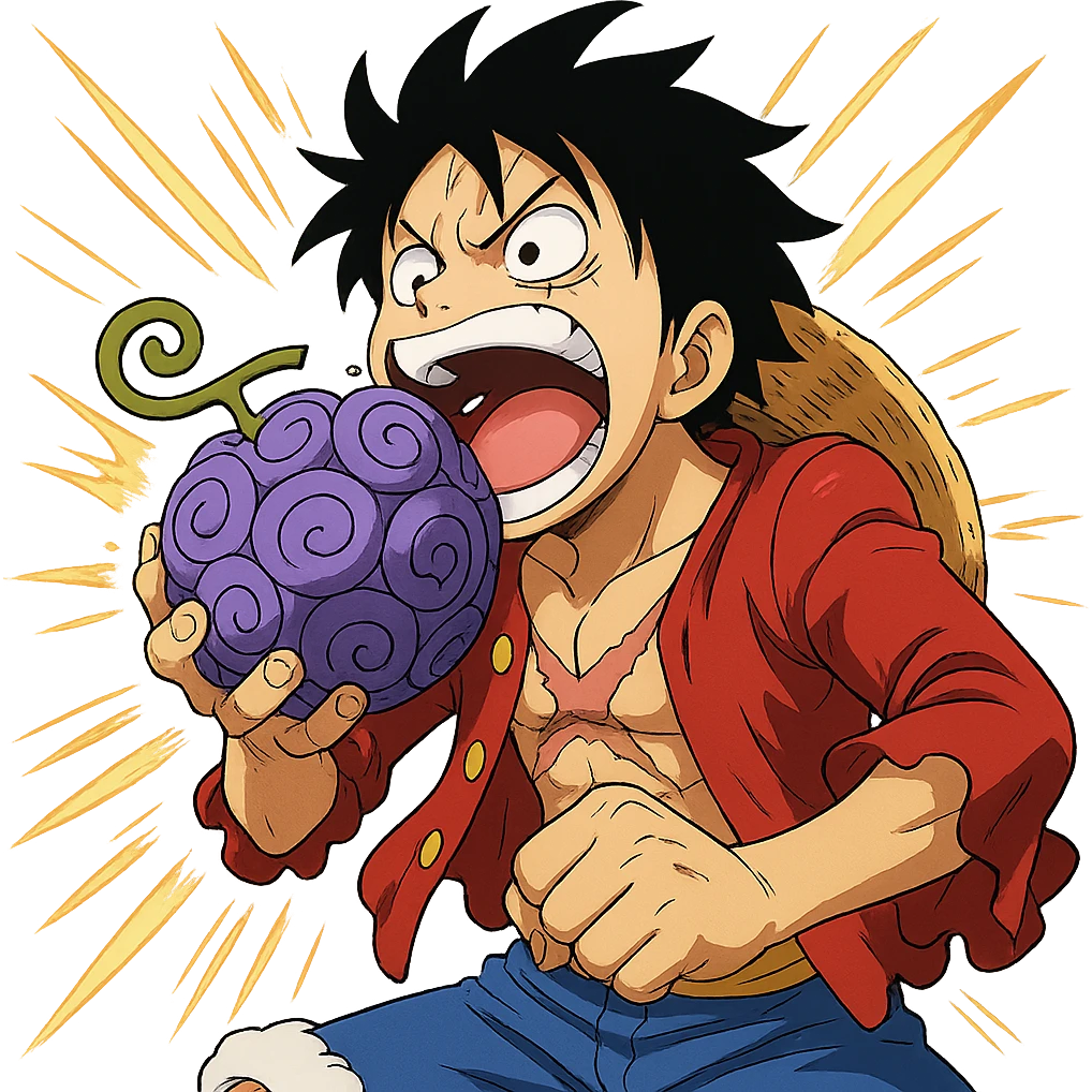 Luffy eating the gum gum fruit, classic anime style, transparent background, dynamic details emoji