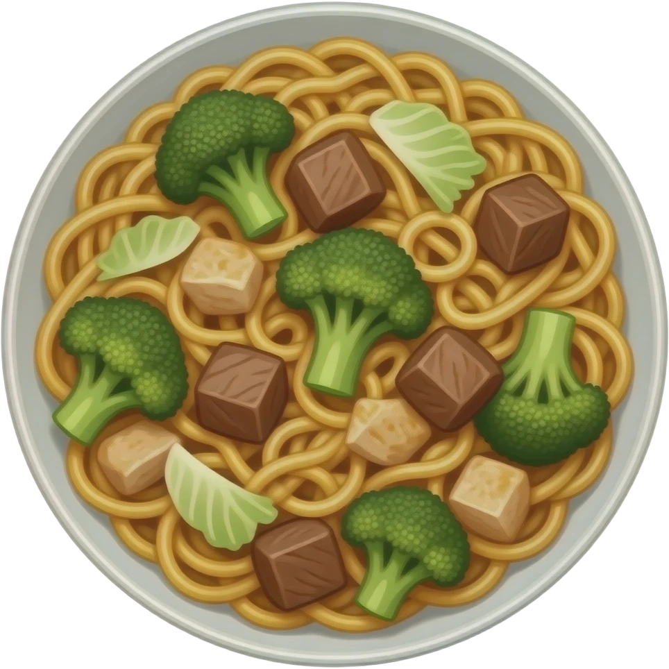Crie um emoji de yakisoba. E ele terá brócolis, Repolho branco ,carne de gado e frango em cubo tudo misturado e ele será de outro tipo emoji