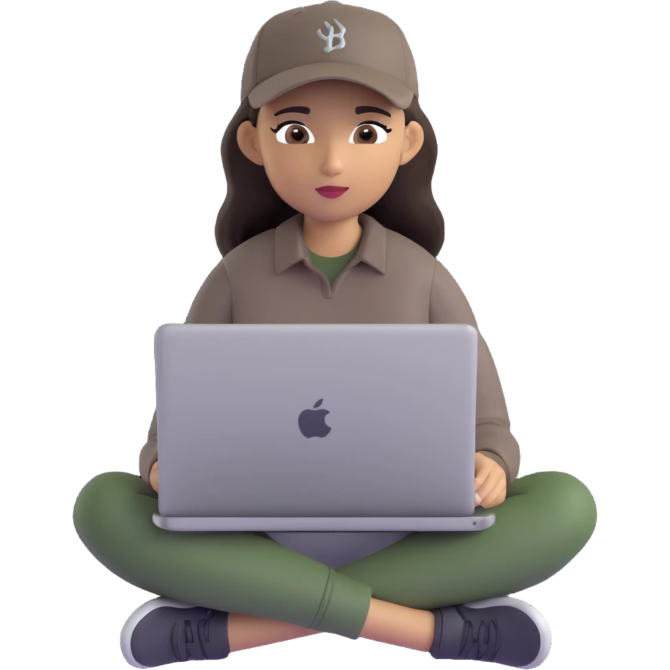 A professional 3D avatar of a young woman with olive skin and long, dark brown hair, wearing a dark, long-sleeved dark taupe shirt and a black baseball cap. She's sitting at a sleek wooden desk, typing on a silver MacBook. emoji