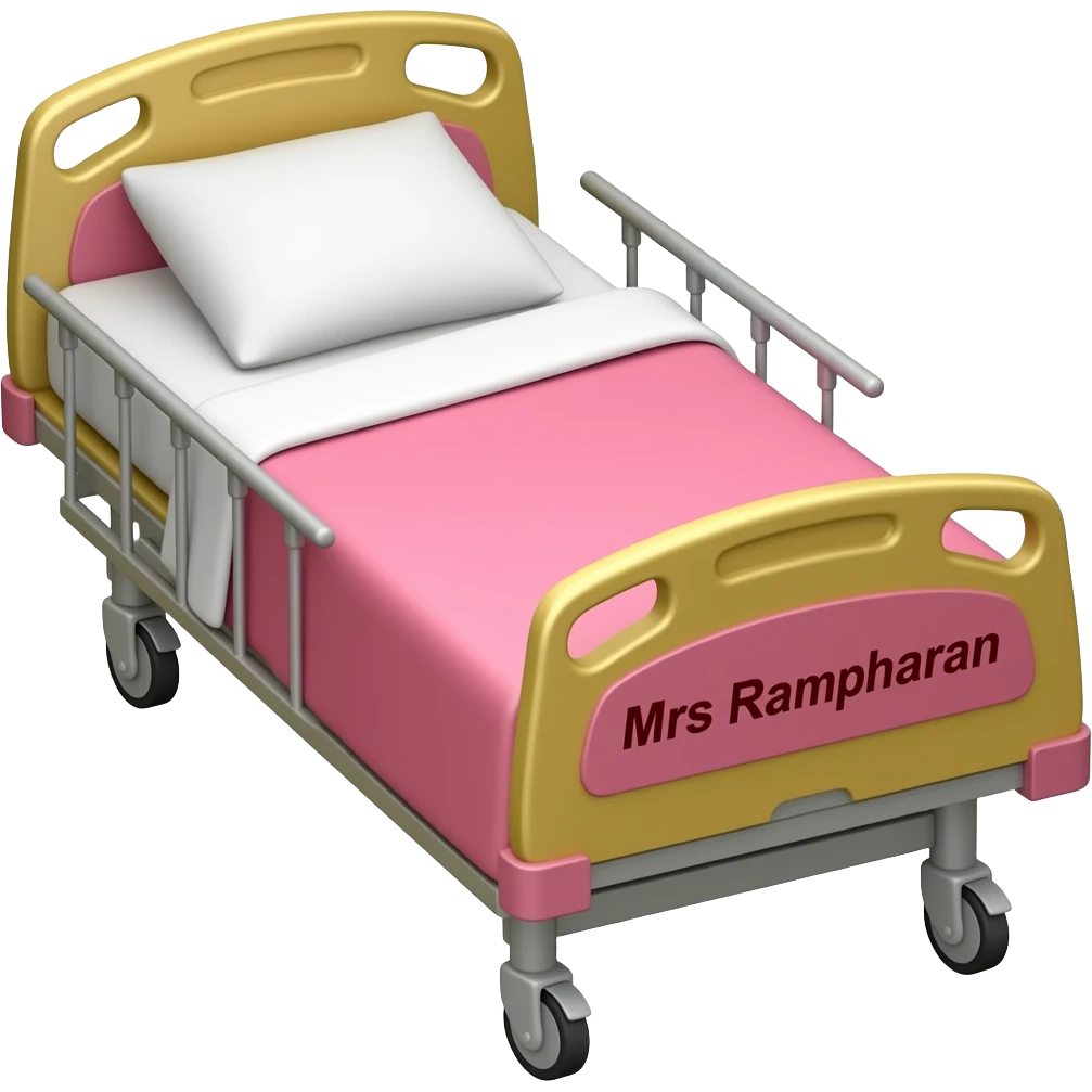 Pink and gold hospital bed with name Mrs Ramcharan emoji