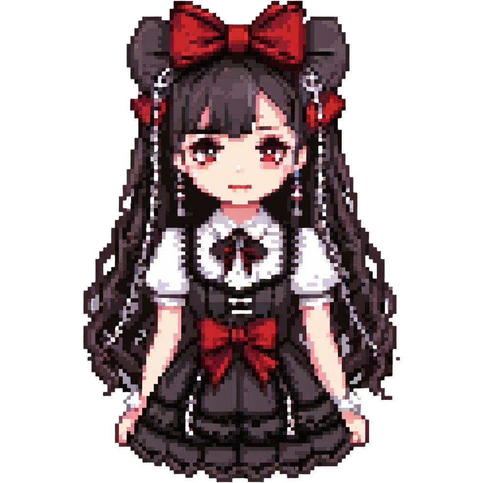 gothic lolita bow, ornate lace, black and crimson, delicate chains, Victorian influence emoji