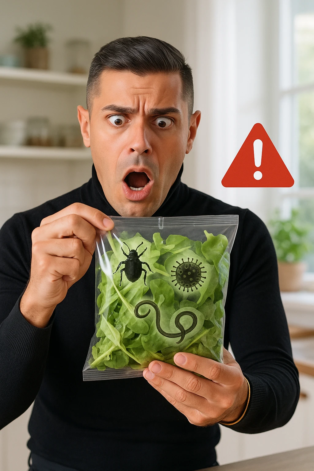 a man with a shocked expression holds a bag of salad greens up to the light. Through the clear plastic, enlarged and detailed images of various parasites and bacteria are visible among the leaves. A red warning triangle with an exclamation mark floats near the bag, emphasizing the health risk. The setting is a bright, everyday kitchen. emoji