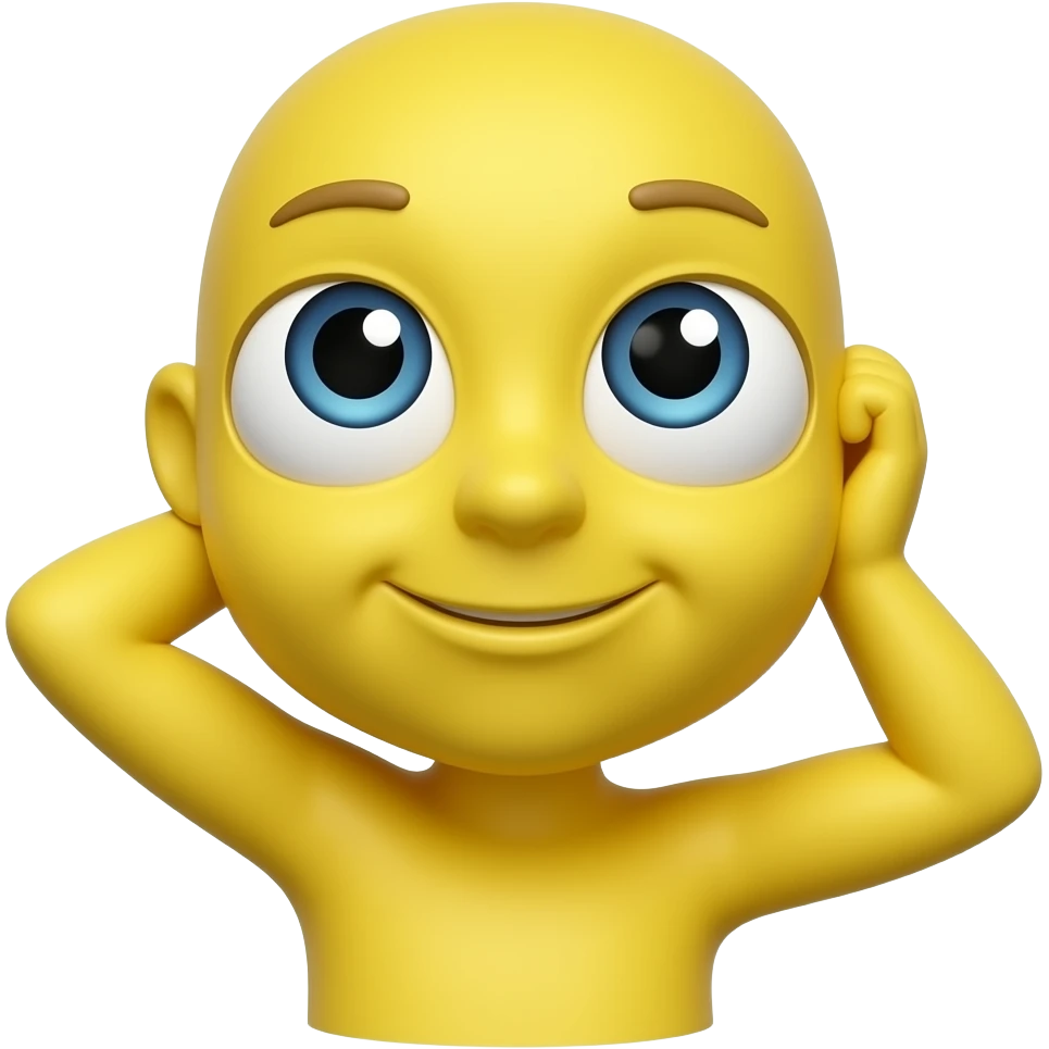 Create the emoji like whatsapp only yellow face.🥺🫲. Remove the mouth and eyebrows and add a soft guilty smile. Cute eyes looking upward and hand behind the back of head emoji