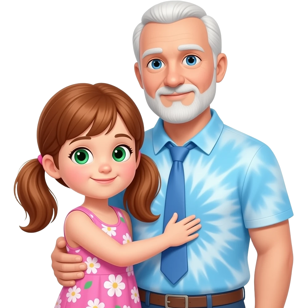Darker Auburn haired girl child with light green hazel eyes twin ponytails wearing a pink small floral tank top style sun dress hugging a light blue eyed adult balding father with side white fringe white hair eyebrows and white scruff style breard wearing a light blue tye dye polo shirt emoji