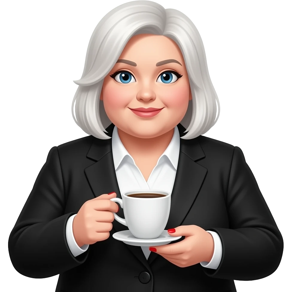 chubby white woman in a black suit with red fingernails holding a cup of coffee emoji