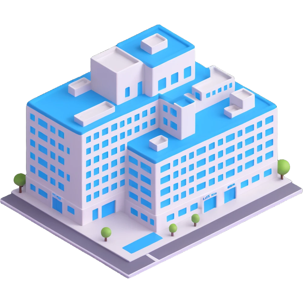 Seoul Asan Medical Center, simplified hospital building, blue accents, inspired by reference image emoji