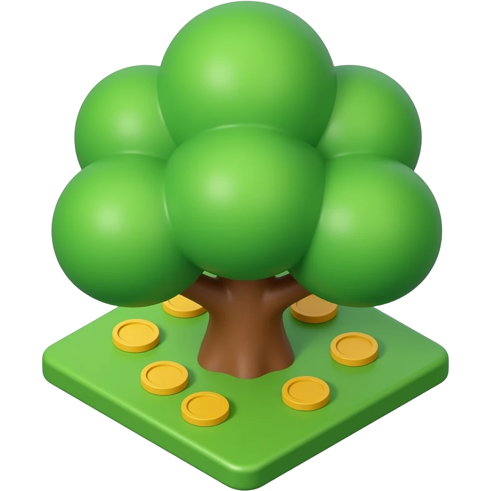 Minimalist 3D icon, lush green tree with elegant thin golden coins hanging from branches, soft matte finish, Apple emoji style, clean shapes, isometric view, white background, professional studio lighting, high resolution, simple elegant design. emoji
