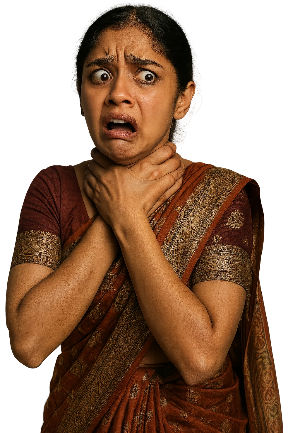 A girl wearing a saree, hands tightly around her own neck as if choking, South Asian features, dramatic expression, intricate patterns, no background emoji