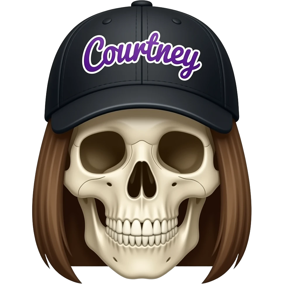 A skeleton head wearing a black baseball cap that says "Courtney" with purple lettering and white bordering, with long straight brown hair emoji