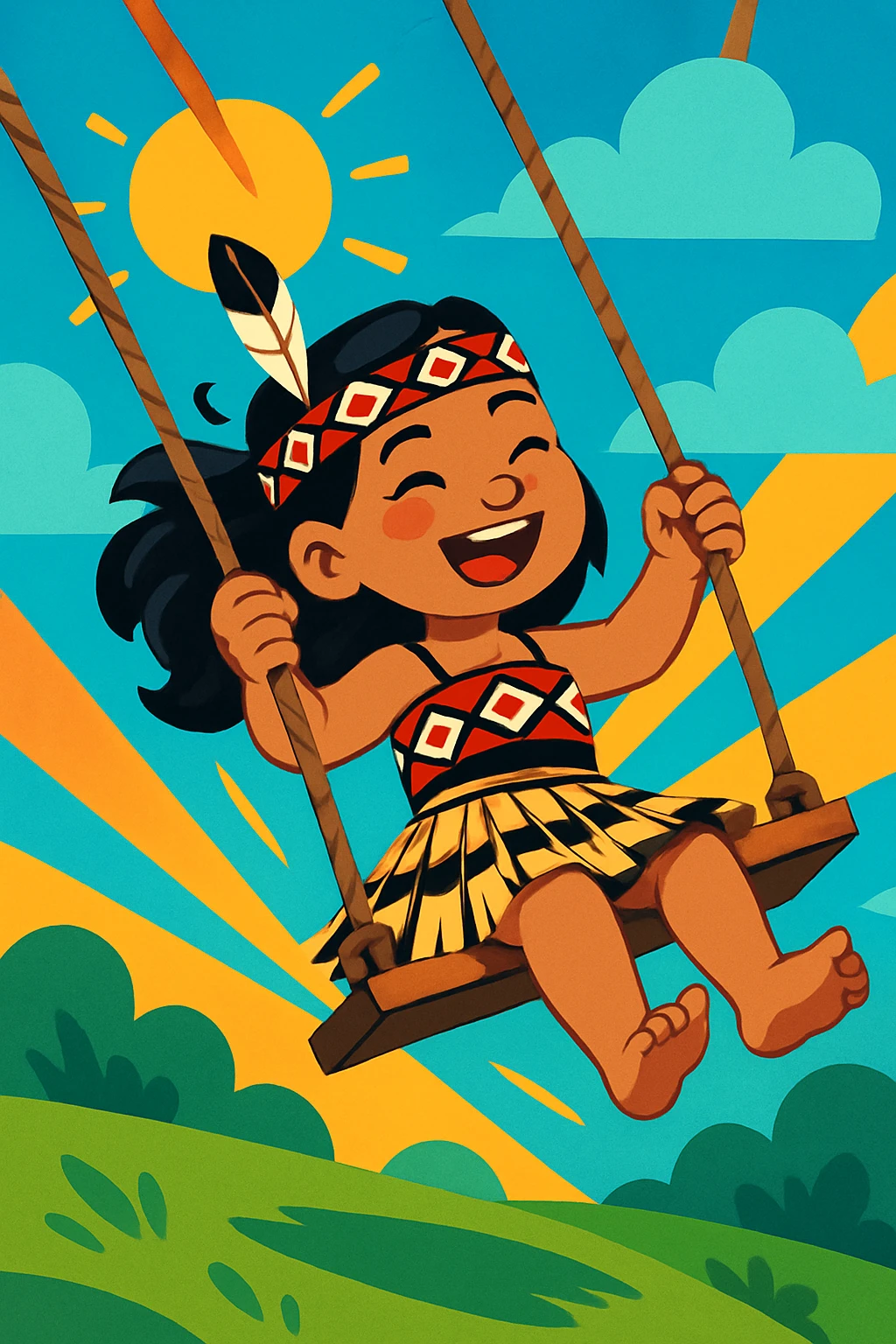 A Maori girl with a feathered headband, swinging high, wearing a traditional piupiu skirt, bright and animated scene emoji