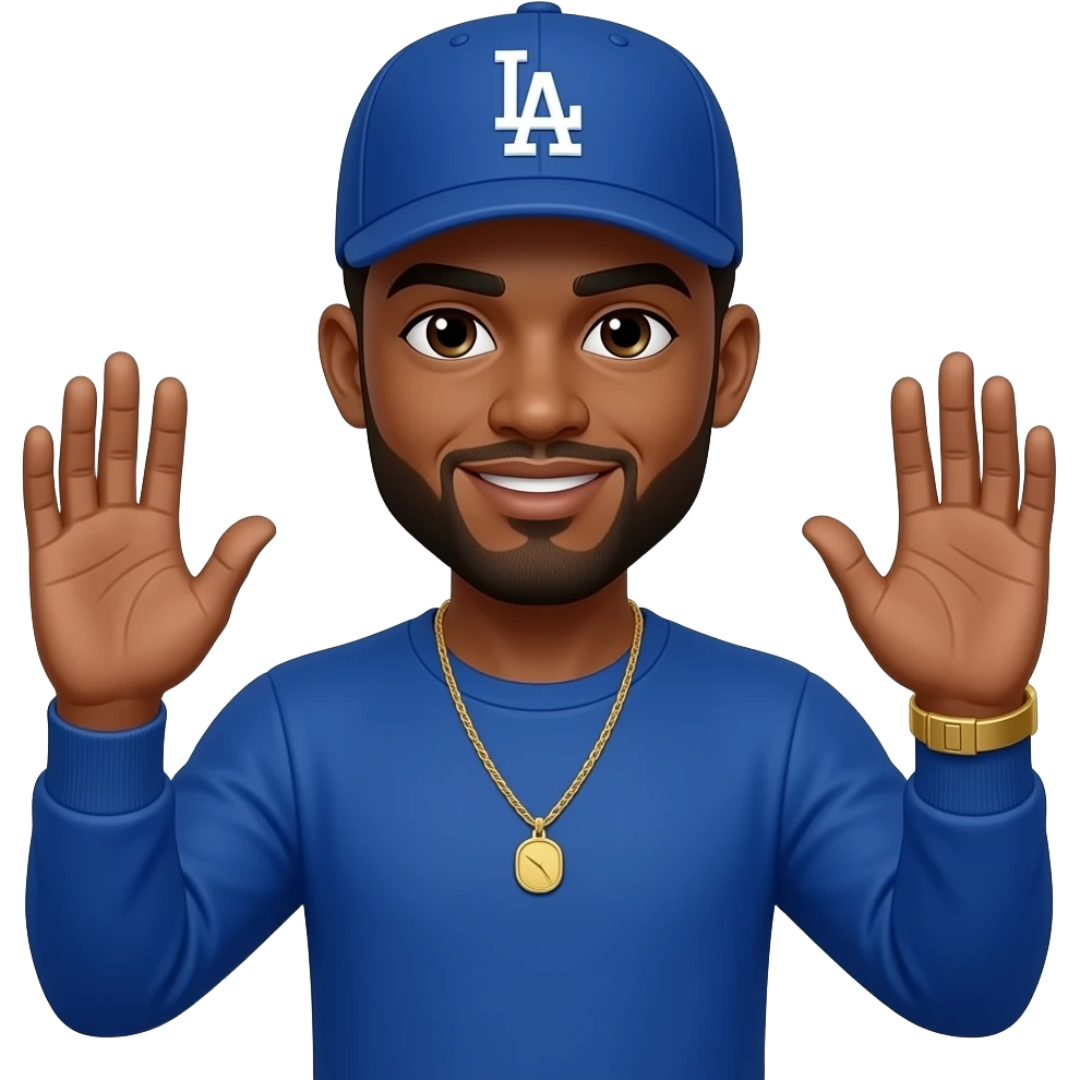 Man with honey skin tone and lightly shaved black beard wearing a blue Los Angeles Dodgers logo baseball cap wearing a long sleeve blue shirt wearing a gold tennis necklace and a gold wrist watch with his hands up emoji