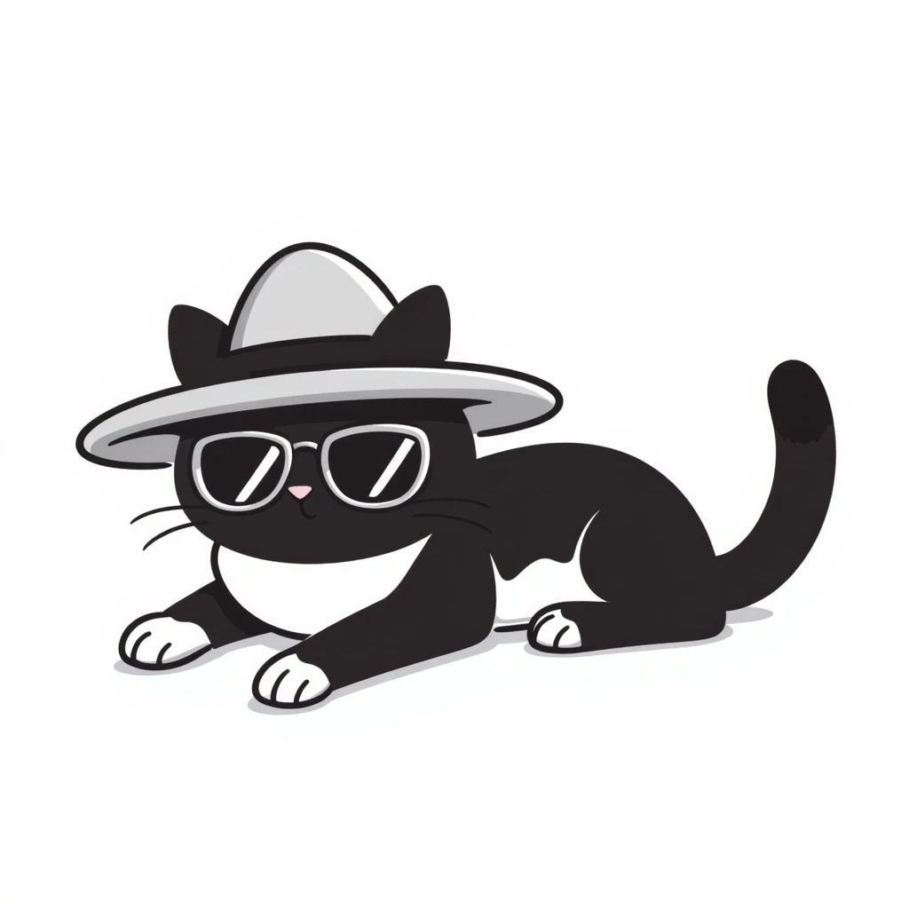a cat in a summer panama hat with large brim, wearing sunglasses, lying on its stomach with its head resting on the ground emoji
