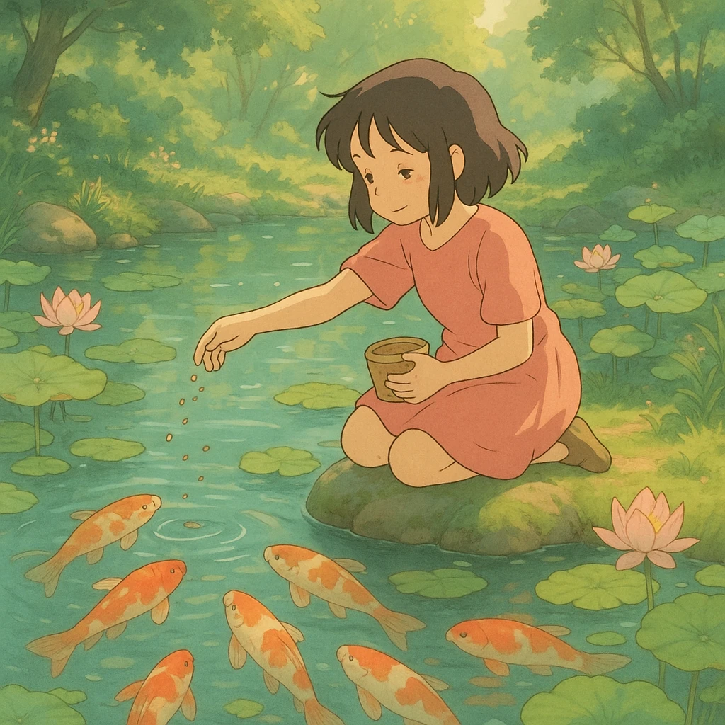 girl feeding koi fish in a pond emoji