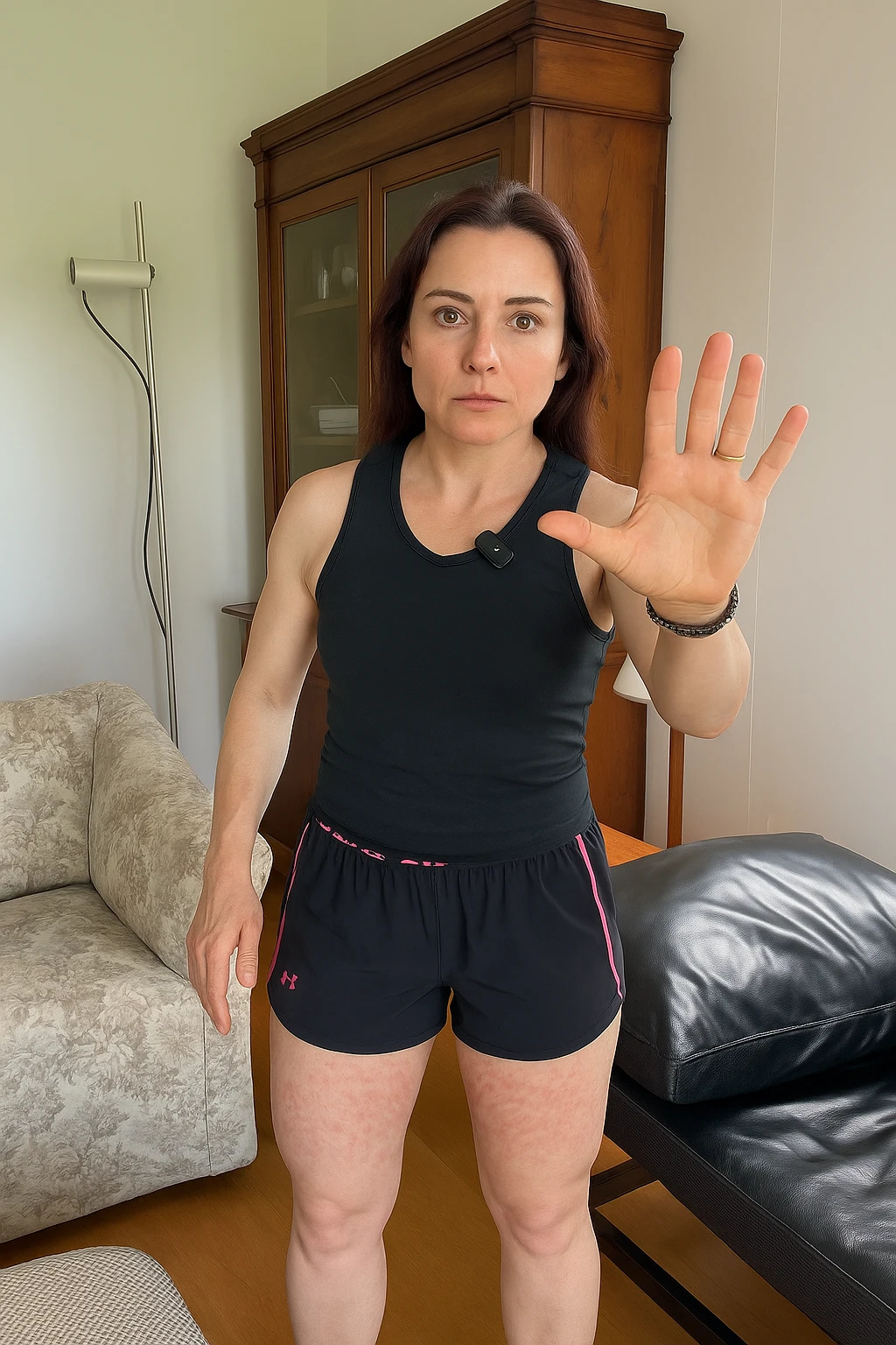 Donna con cellulite sulle cosce indica le cosce che sono infiammate di cellulite emoji