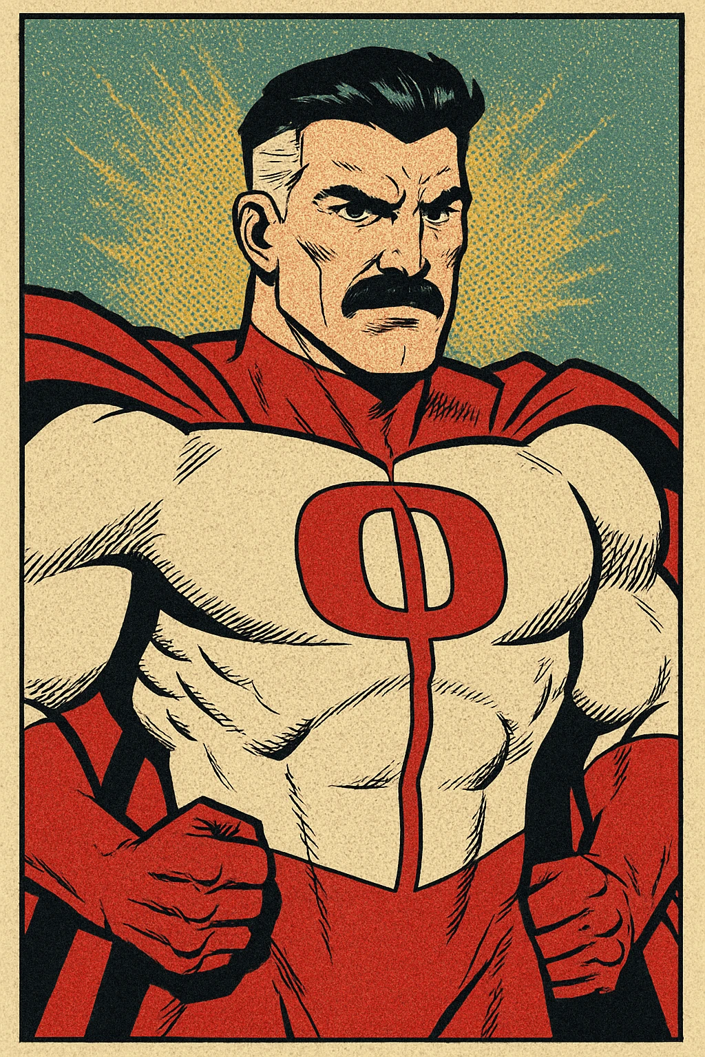 Omni-Man superhero character, muscular build, red and white suit, mustache, stern expression, comic book style emoji