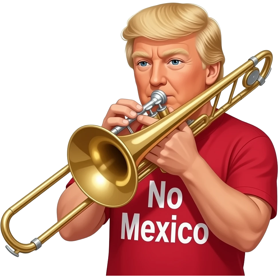 Trump playing trombone while wearing a shirt that says “ no Mexico” emoji