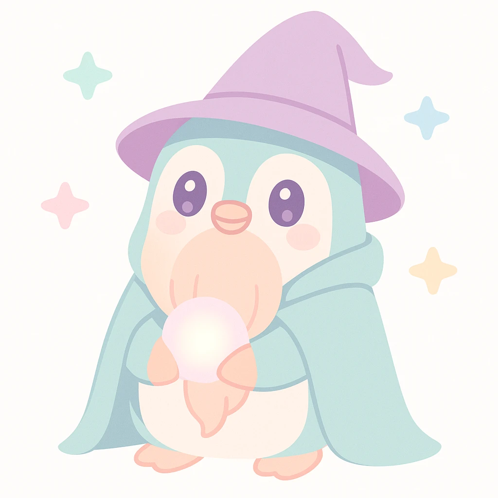 penguin wizard with a long beard, wearing a cloak and holding a glowing orb emoji