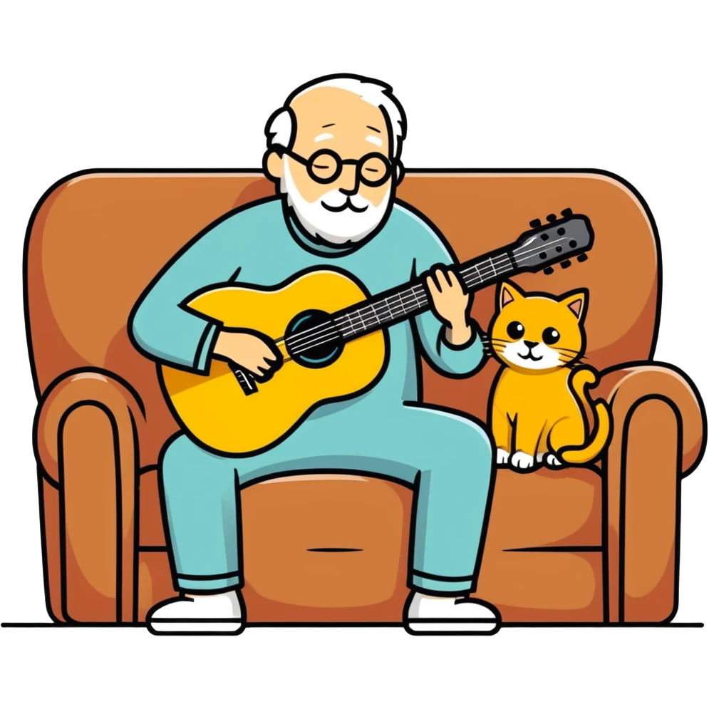  old blind man playing guitar  on the couch with his golden cat  emoji