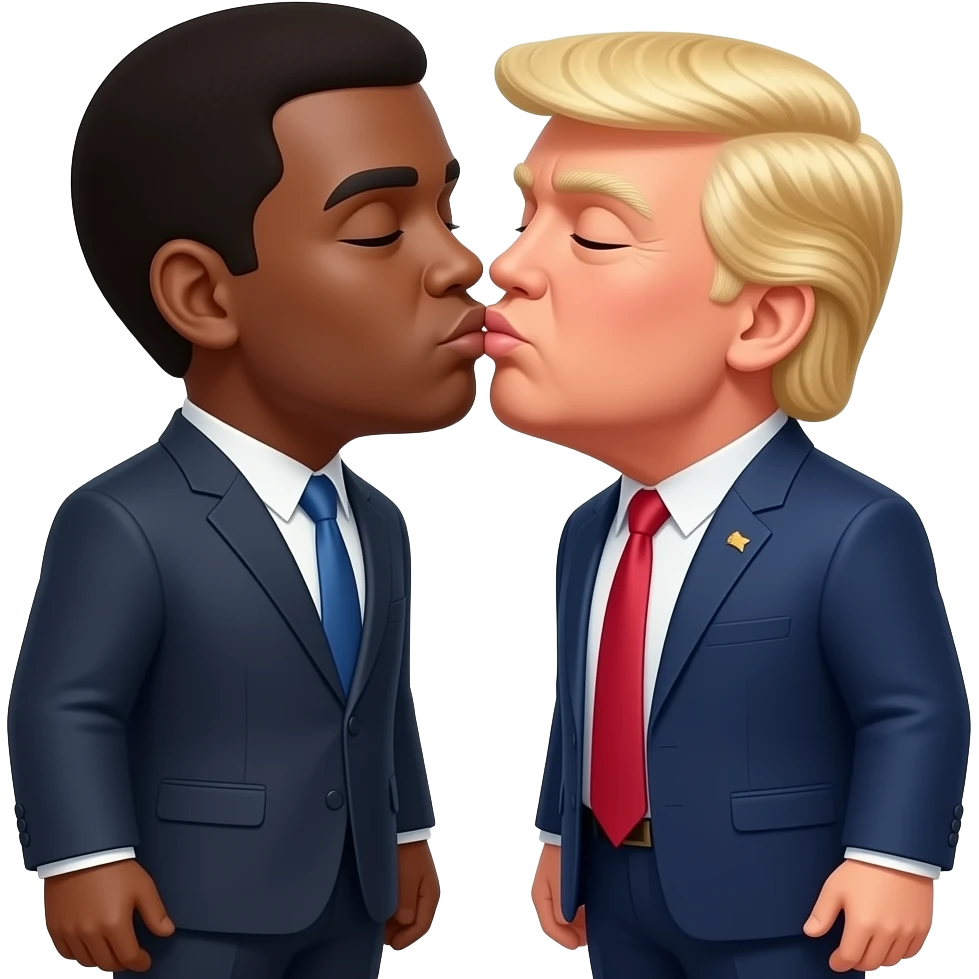 A black guy full body, trump guy full body kissing each others lips touching emoji