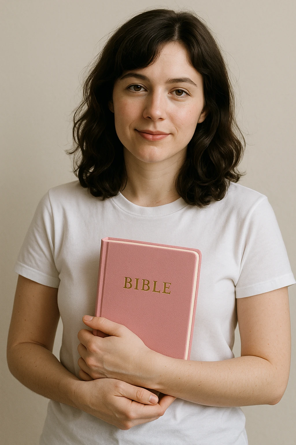 Brunette woman, pale skin, shoulder-length wavy hair, white t-shirt, holding a pink Bible, simple background emoji