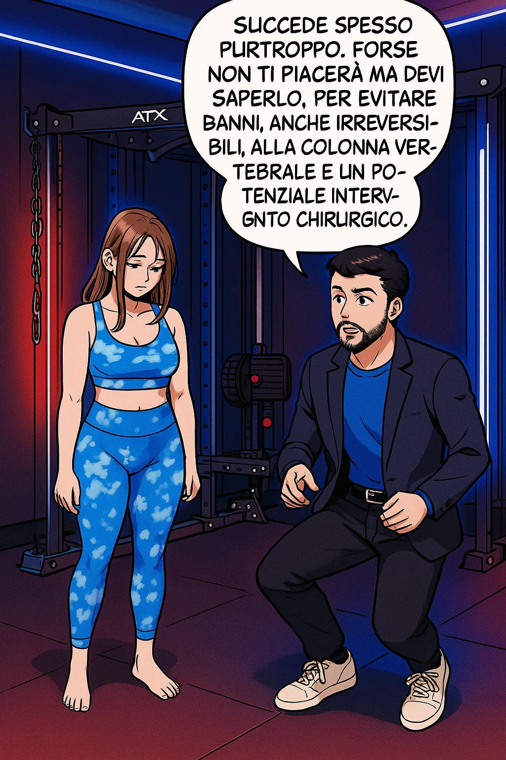 fai questa immagine in versione fumetto/manga/webtoon a colori, il manga mostra l'uomo che risponde alla donne:
Succede spesso purtroppo. 
Forse non ti piacerà ma devi saperlo, per evitare danni, anche irreversibili, alla colonna vertebrale e un potenziale intervento chirurgico. emoji