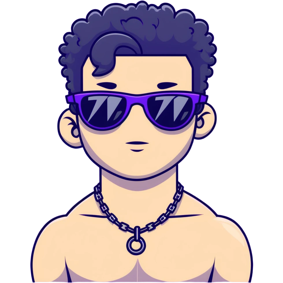 shirtless male athlete with white skin and moderately curly black hair on top with shaved sides, wearing purple sunglasses with very dark heavily tinted black lenses, and a simple plain black chain necklace with absolutely no pendant or decoration emoji