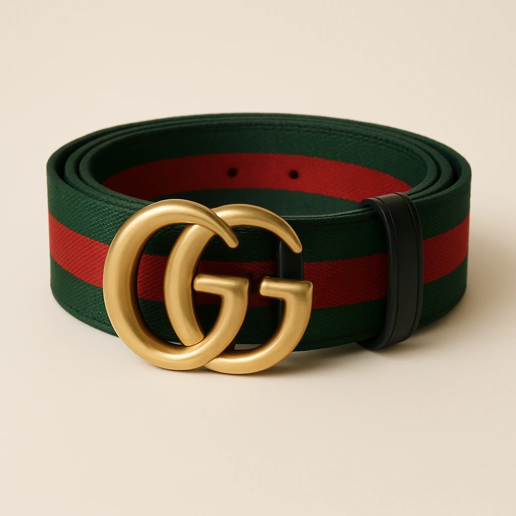 Change the belt band to green, black, and red stripes, keep the gold GG buckle and luxury look, maintaining a high-end fashion style. emoji