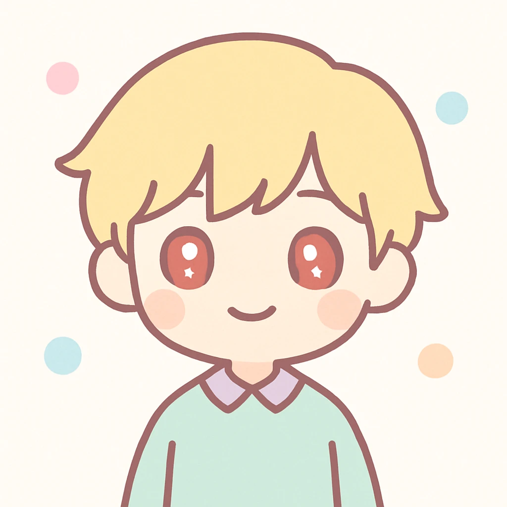 Japanese man with red eyes and blond hair, smiling, kawaii style emoji