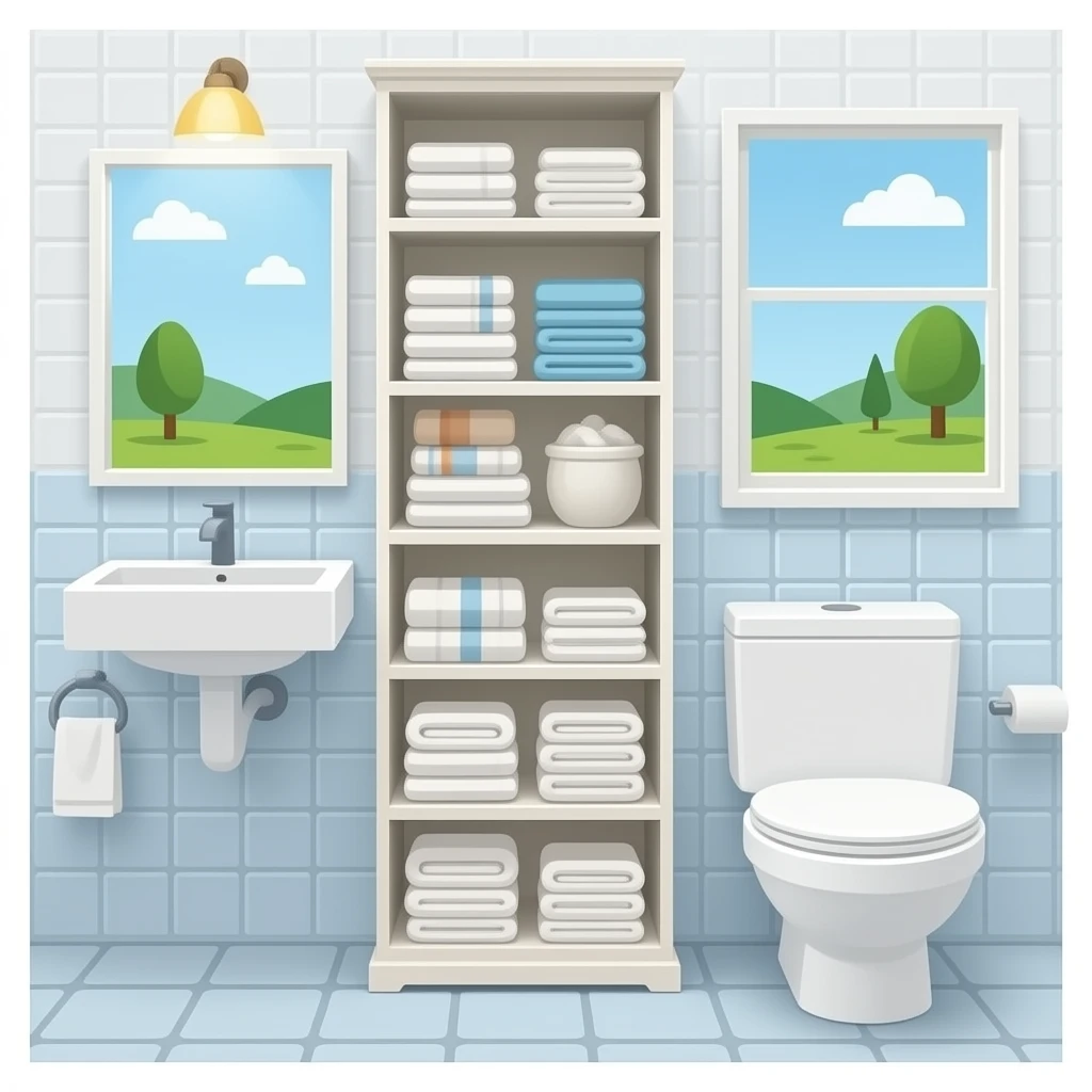 Bathroom floor tall cabinet with a lot of towels inside emoji