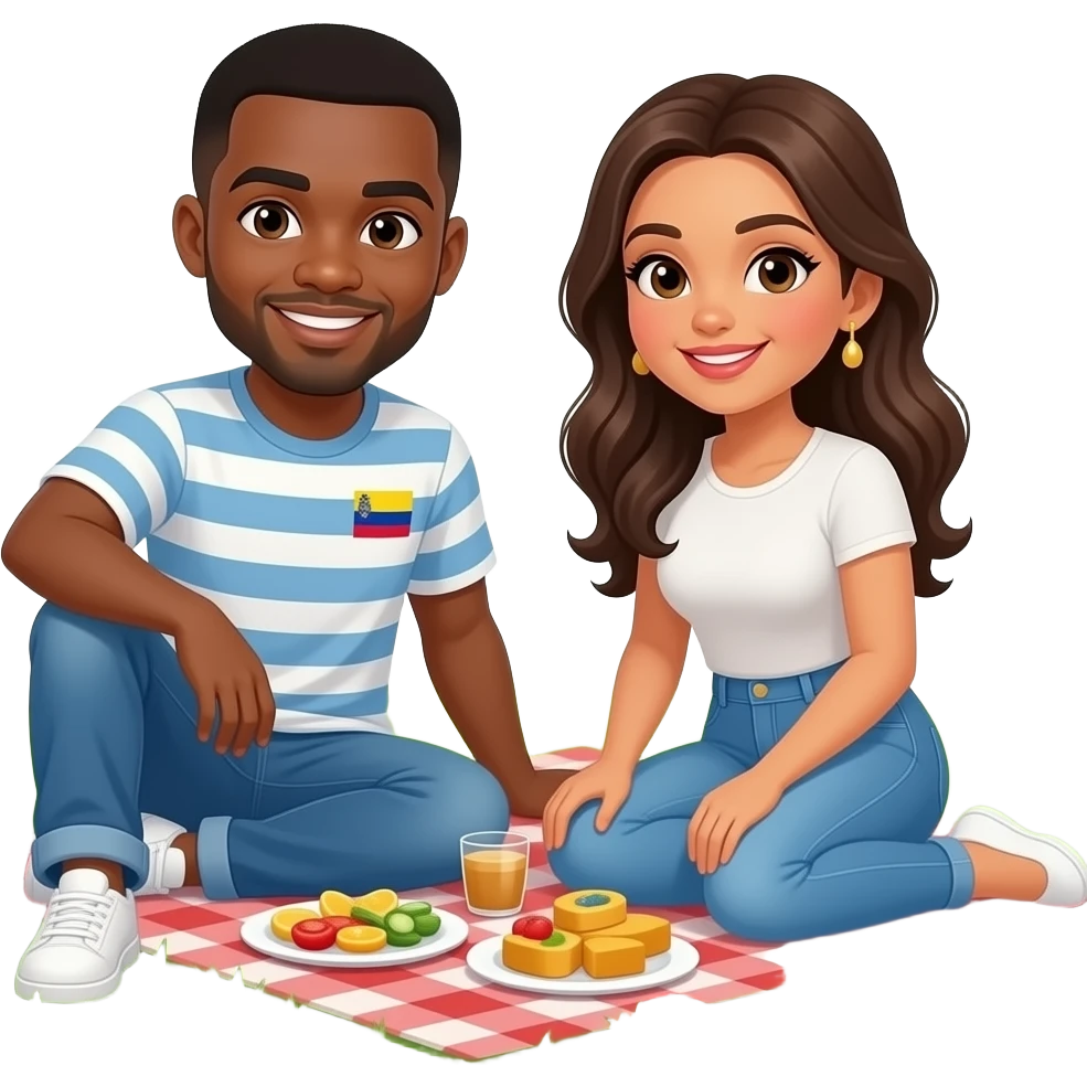 Black male with brown skin and short hair with a Columbian well built woman with look hair and pretty eyes. Picnic emoji