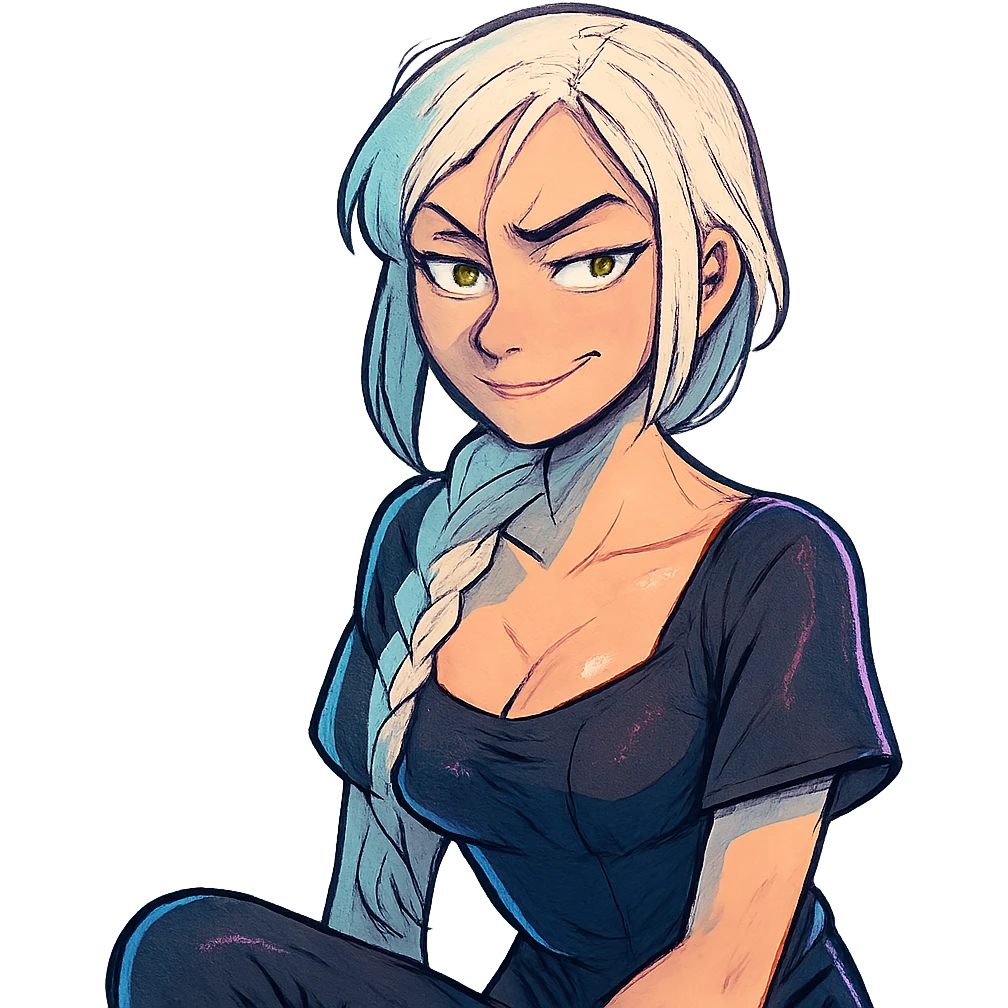  she is making a smug and suspicious facial expression, eyebrows pointed up, a closeup portrait of young woman with gold yellow eyes, white hair, long braid, black off-shoulder top d-cup, punk gothic style, futuristic cyberwave cyberpunk, sitting position
 emoji