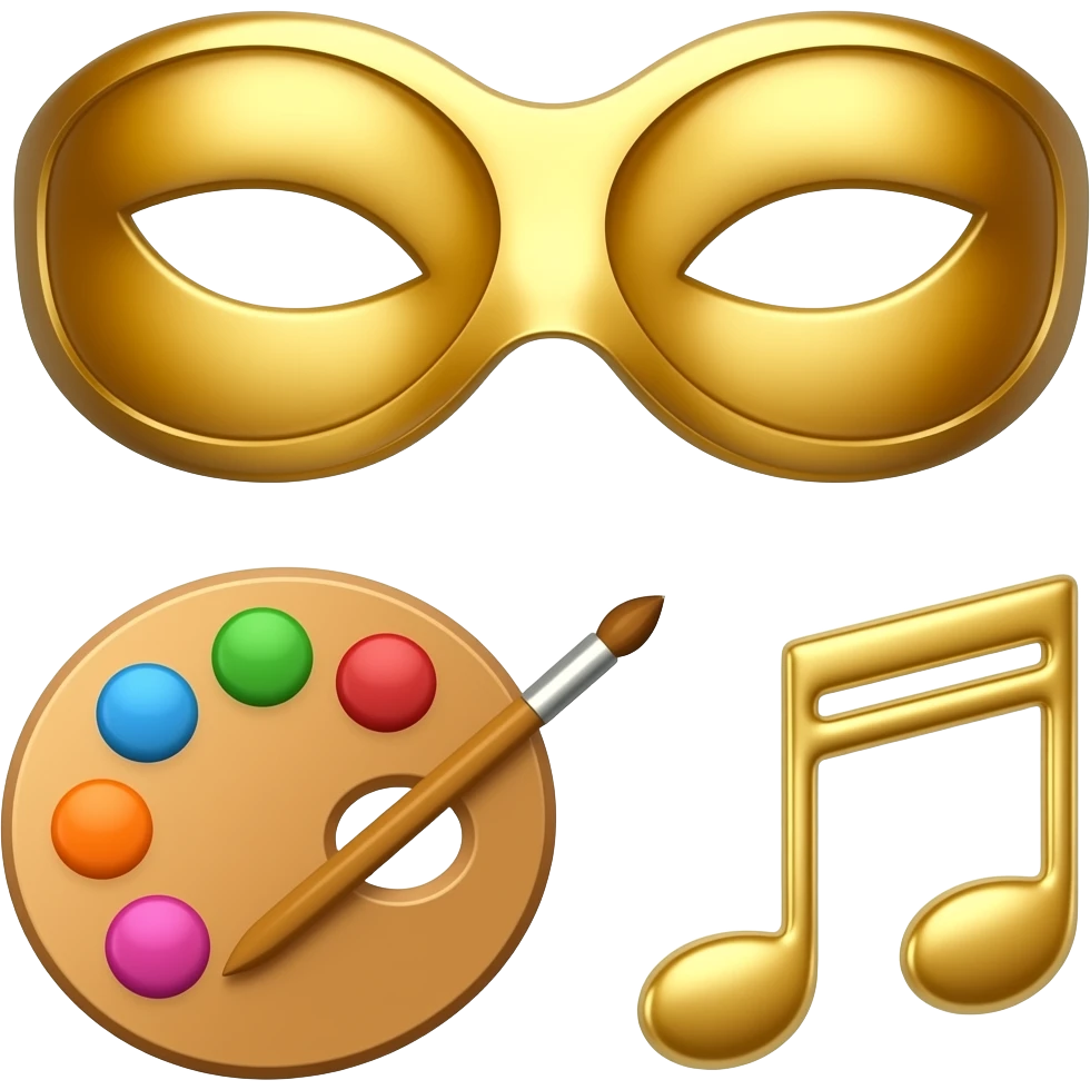 "Cultural emoji: theater masks, paint palette, and music notes, flat iOS vector style, vibrant colors, transparent background." emoji