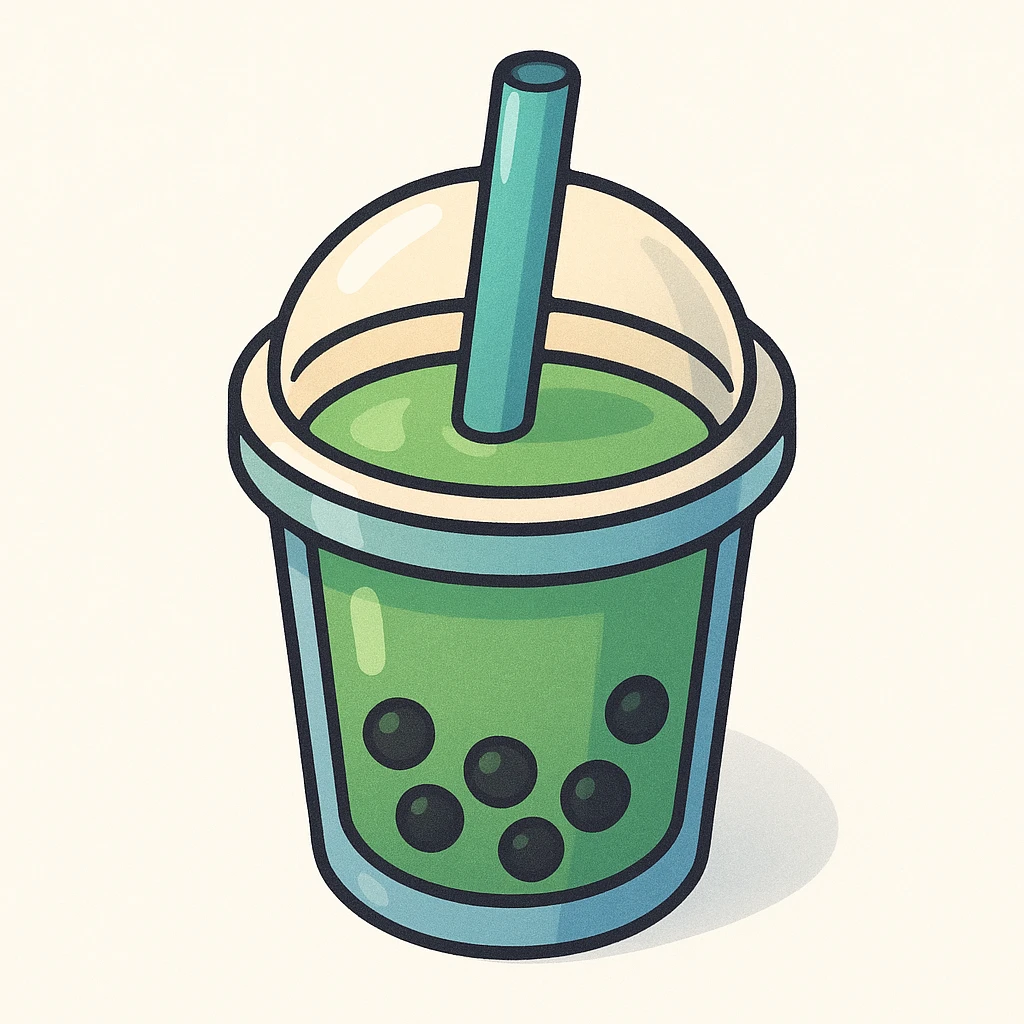 bubble tea cup with a rounded cute lid, blue cup, green drink inside, vector hand-drawn style, clear bold outlines, expressive shadows and highlights, cute look, matte glass effect emoji