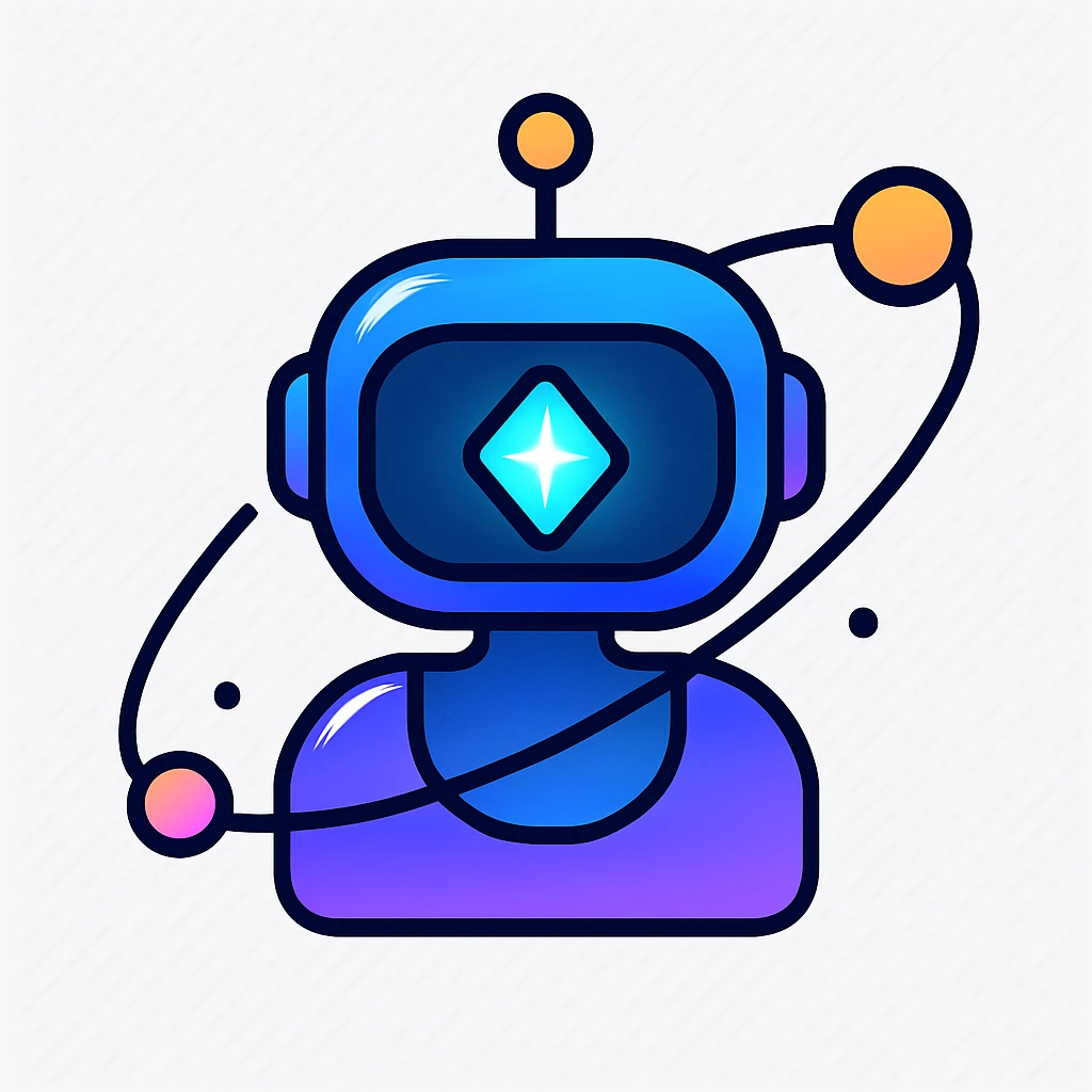 minimalist AI assistant icon, metallic gradients, glowing crystal core, orbiting tech elements, premium futuristic look, dark background, ultra clean vector style, no text, centered, 1:1 aspect ratio emoji