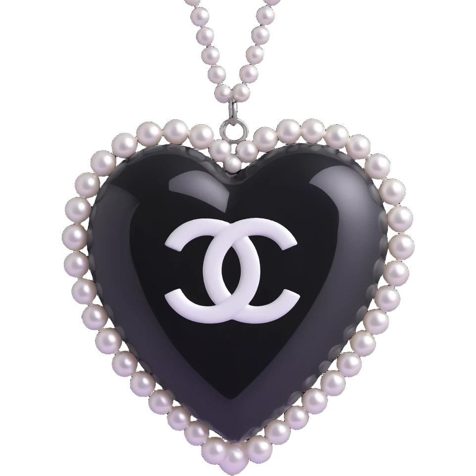 3D emoji style glossy heart, half black and half white, wrapped with a string of pearls and a silver Chanel logo, elegant emoji