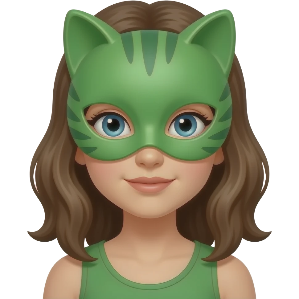 A girl with dark blonde hair and blue green ish eyes with a green cat mask on emoji