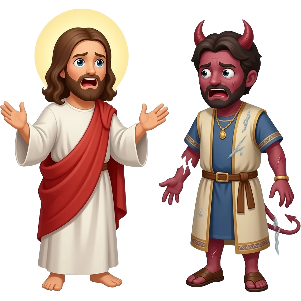 Jesus yelling at a scared demonically possessed man wearing biblical attire to leave his body emoji